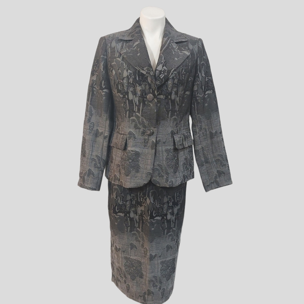 Terramina 2 Piece Women's Gray Jacquard Jacket Skirt Suit Sz 10 Lined 2 Button